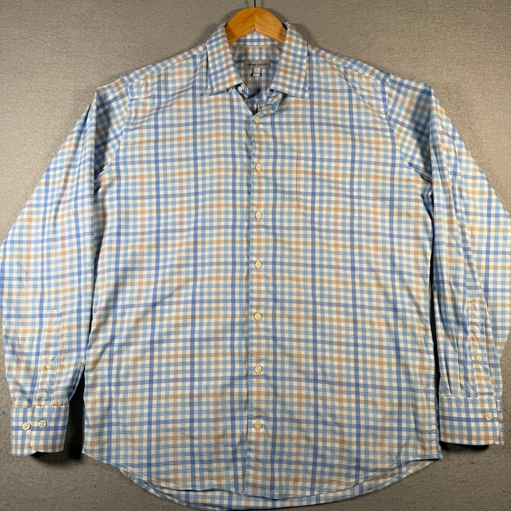 Peter Millar Crown Sport Mens Large Blue Tan Checkered Button Down Shirt Stretch